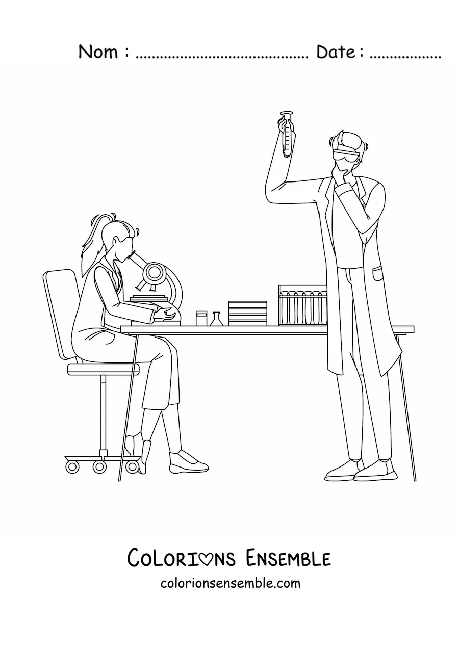 Image à colorier de deux scientifiques dans un laboratoire de chimie