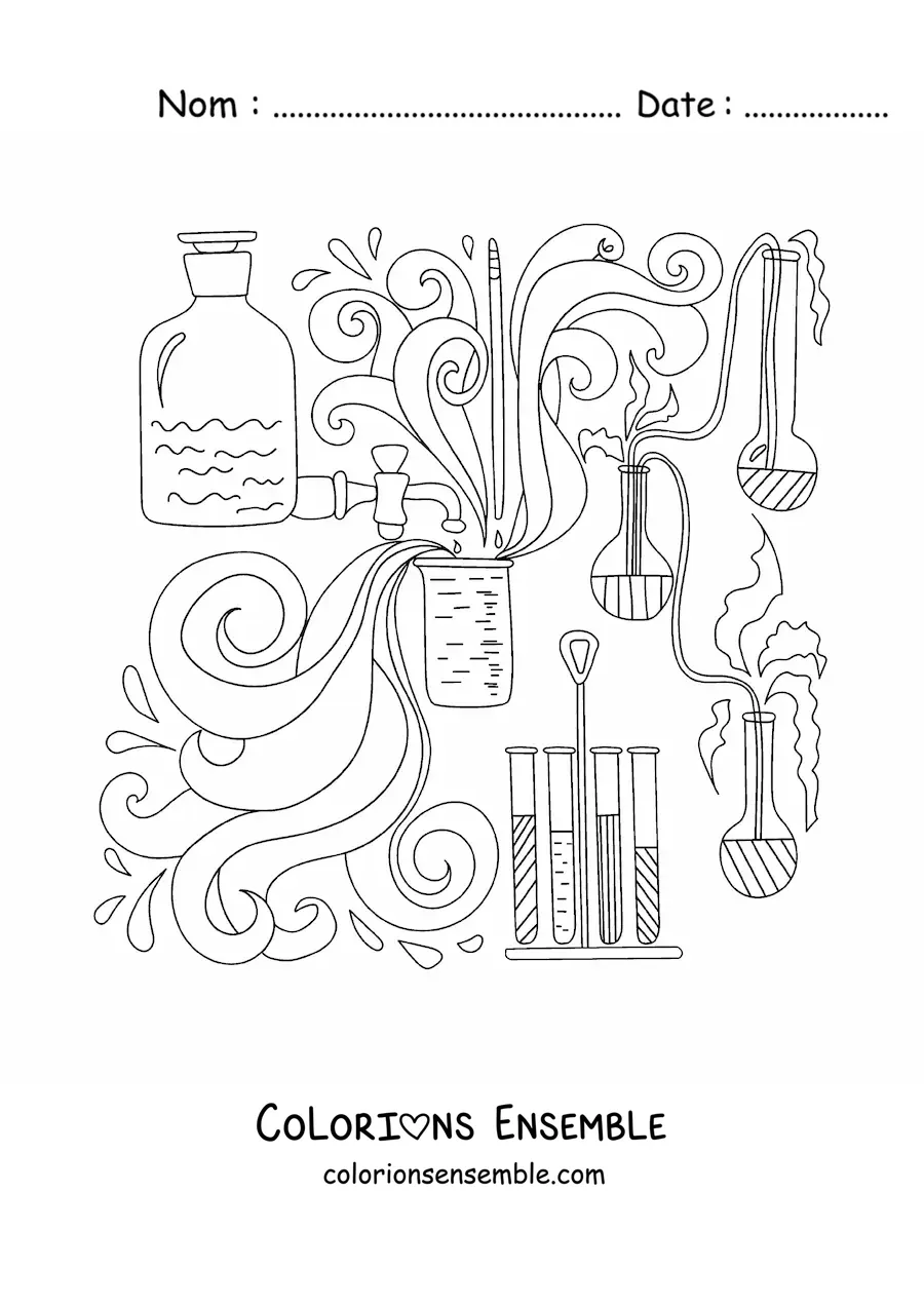 Image à colorier de récipients et de flacons remplis de produits chimiques qui réagissent en se mélangeant