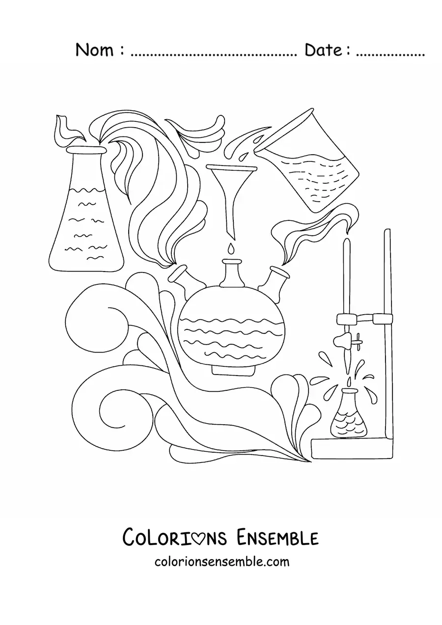 Image à colorier de plusieurs éléments chimiques dans une expérience