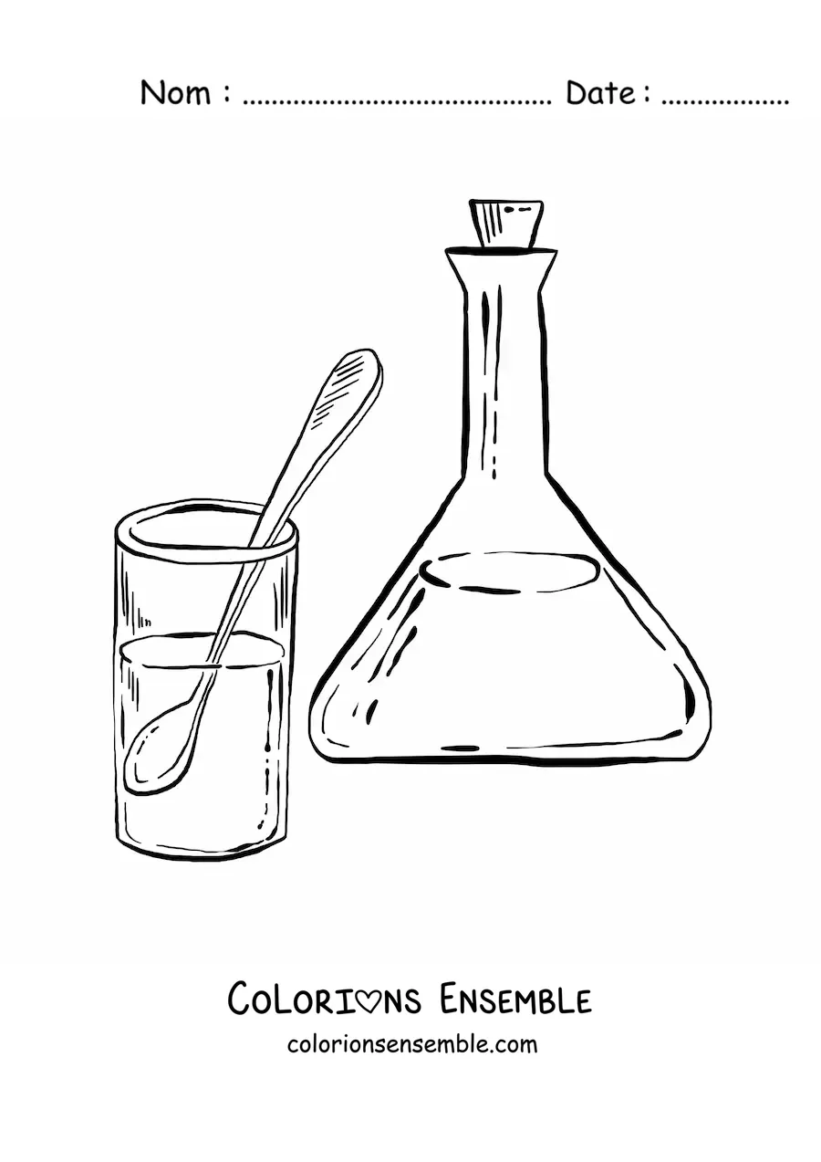 Image à colorier d’un ballon de laboratoire et d’un verre remplis de solutions chimiques