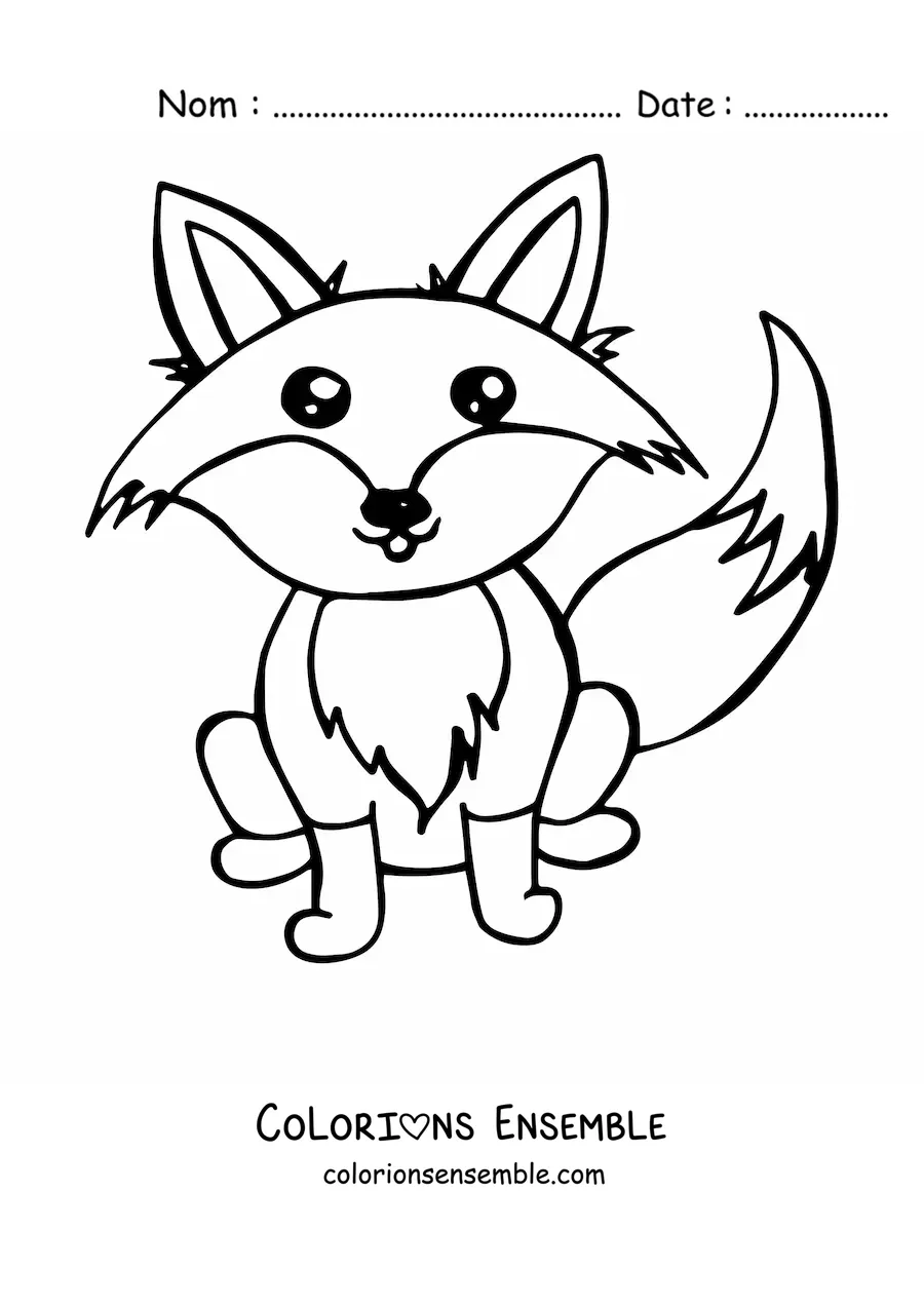 Coloriage d'un renard kawaii de dessin animé aux yeux brillants, assis de face