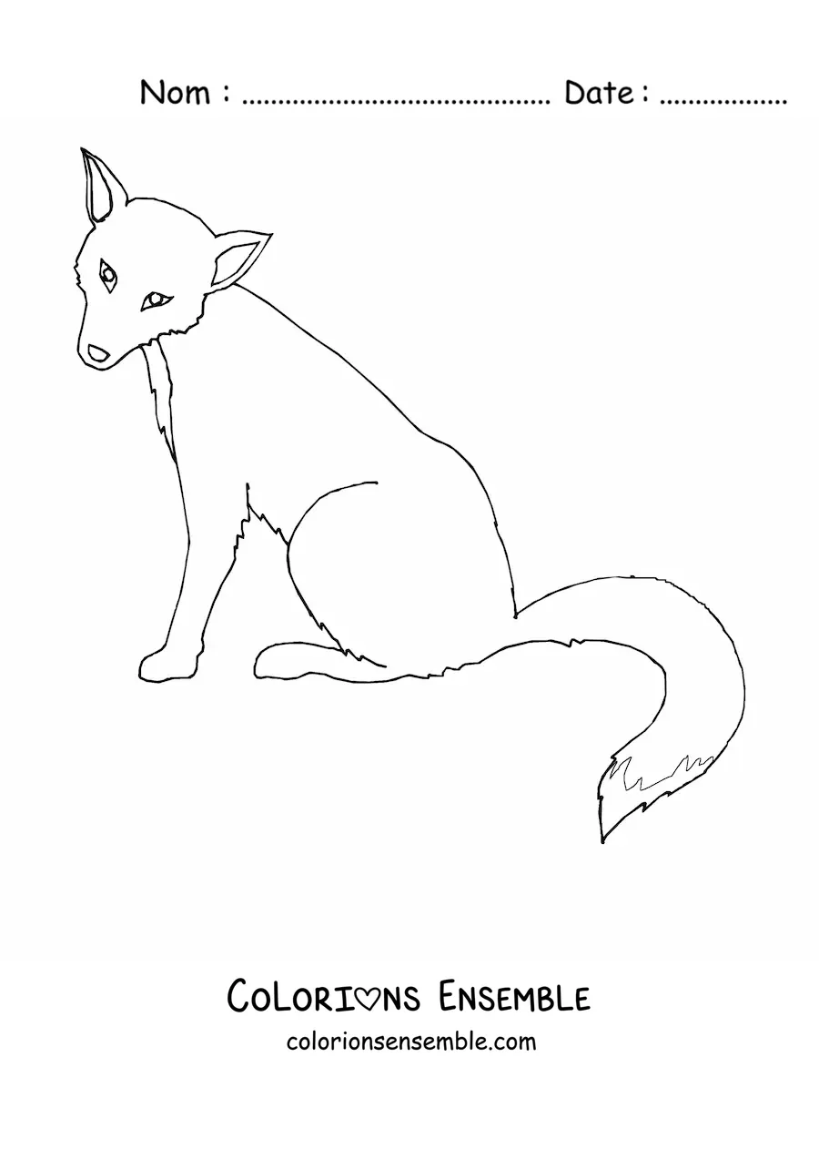 Coloriage d'un renard sauvage assis de profil, la tête tournée vers l'avant