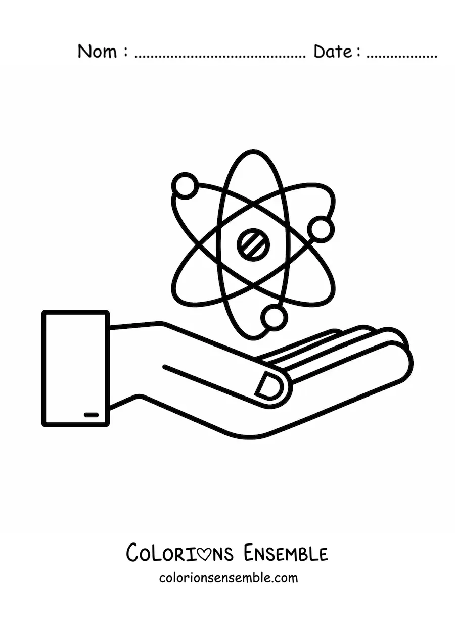 Image à colorier d'une main tenant un atome représentant la physique nucléaire