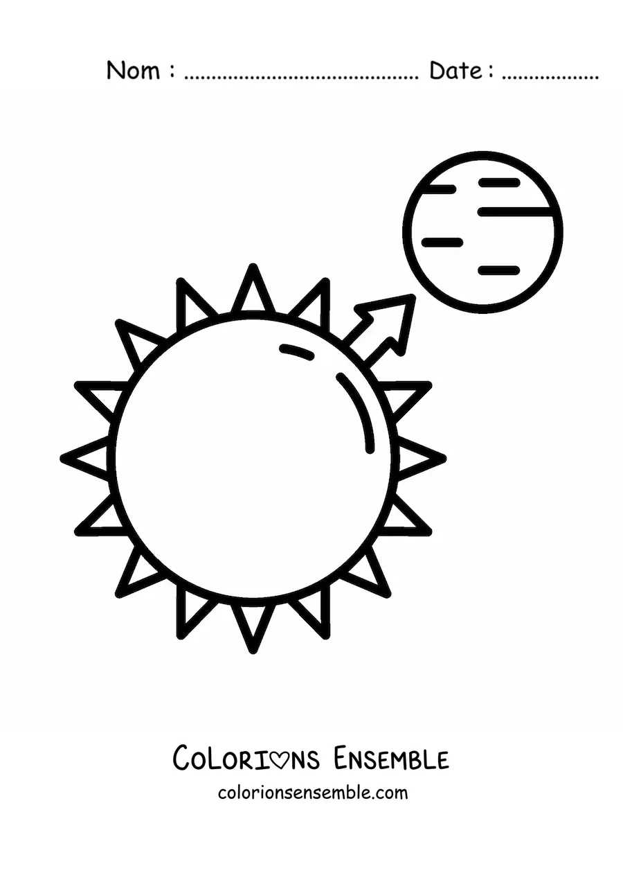 Image à colorier du soleil et d'une planète représentant l'attraction gravitationnelle