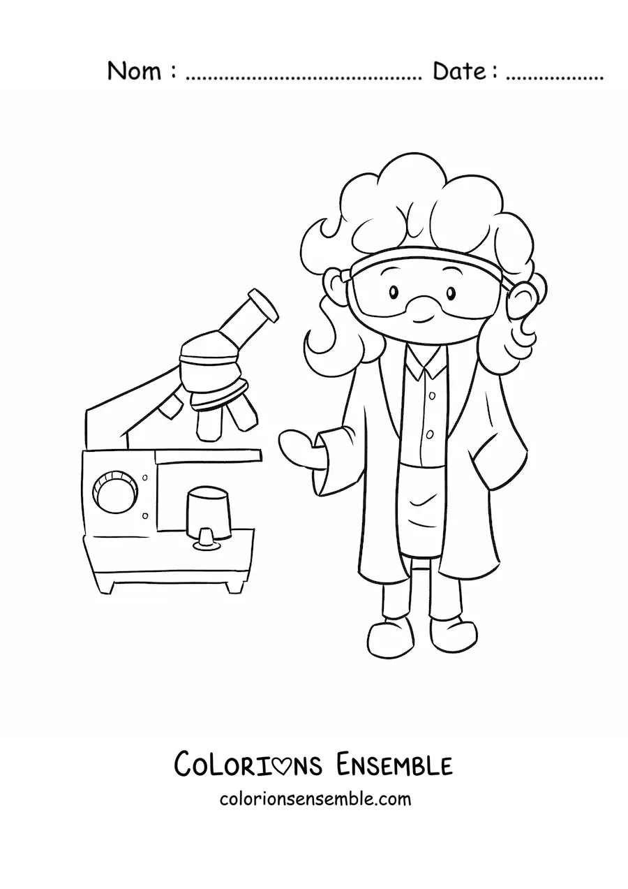 Image à colorier d'un scientifique kawaii avec un microscope