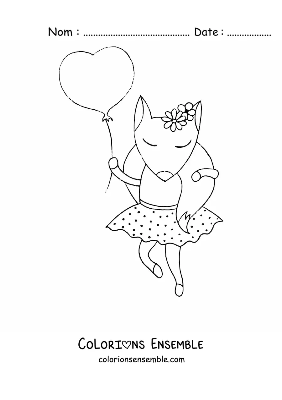 Coloriage d'un renard de dessin animé en robe, tenant un ballon en forme de cœur