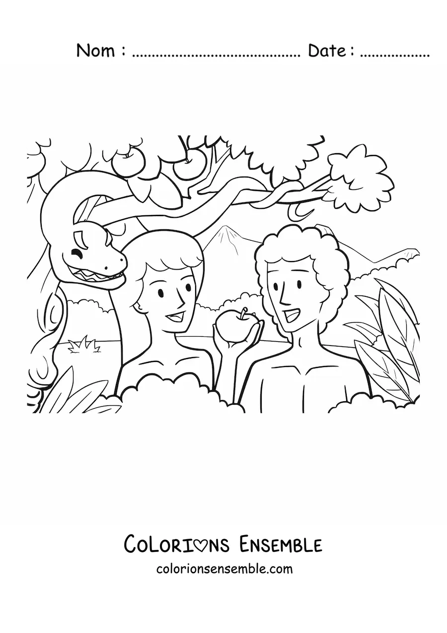 Image à colorier d’une pomme représentant le fruit défendu de la Genèse, avec Adam et Ève