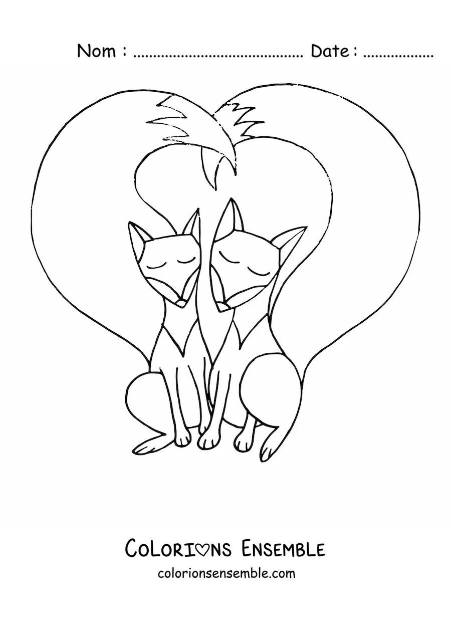 Coloriage d'un couple de renards de dessin animé joignant leurs queues en forme de cœur