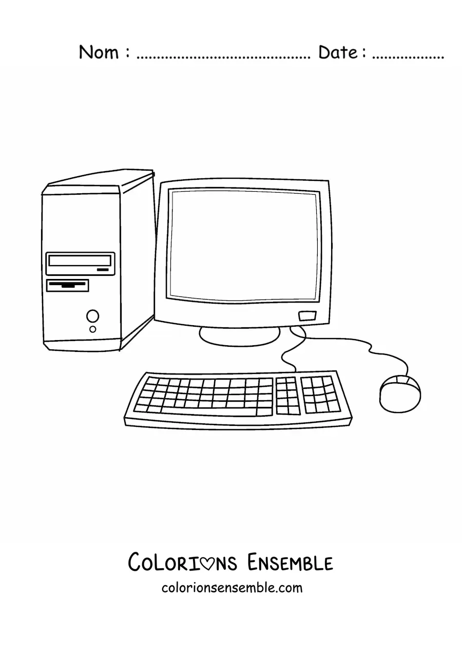 Image à colorier d'un ordinateur avec un clavier et une souris