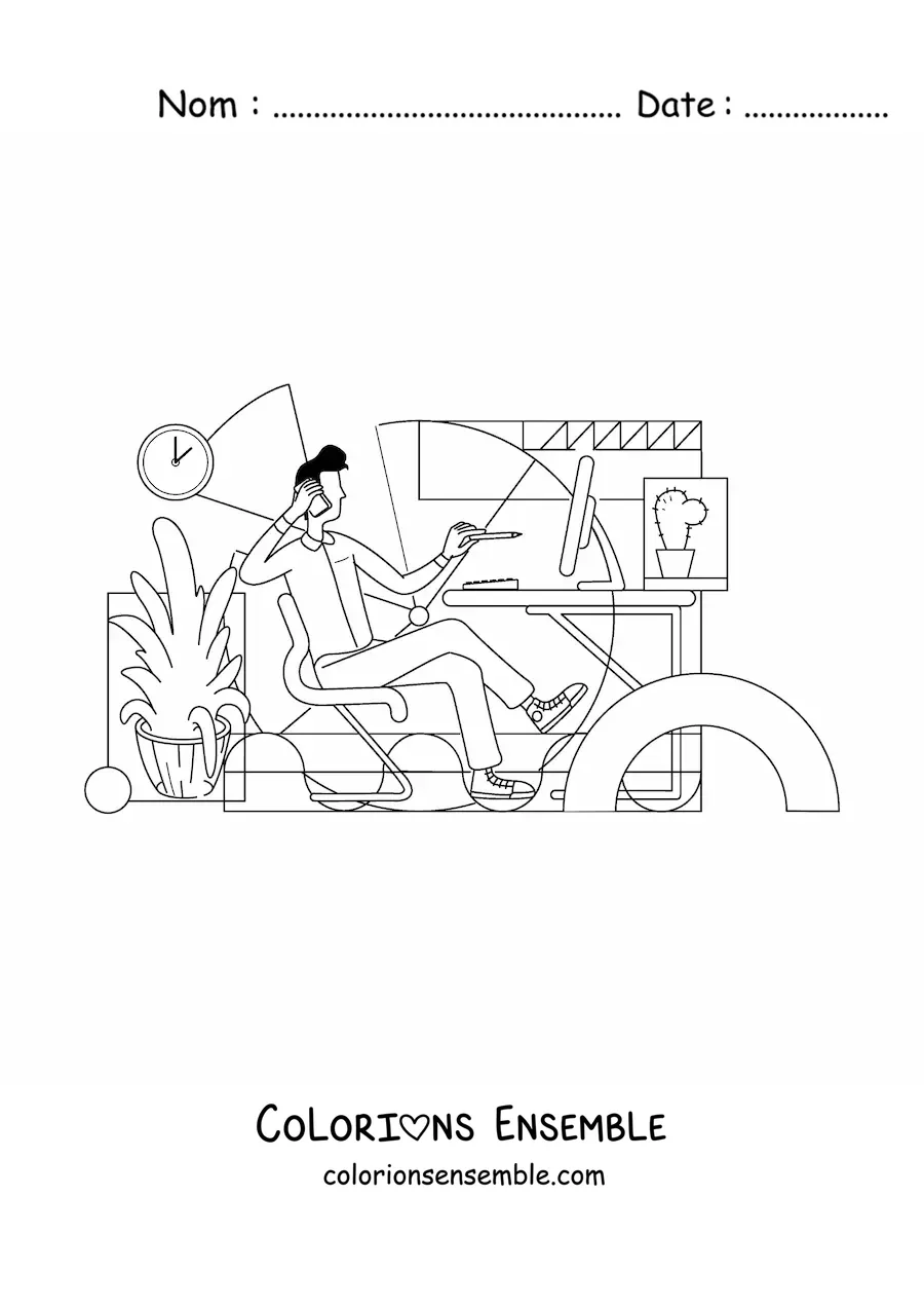 Image à colorier d'un homme travaillant à l'ordinateur