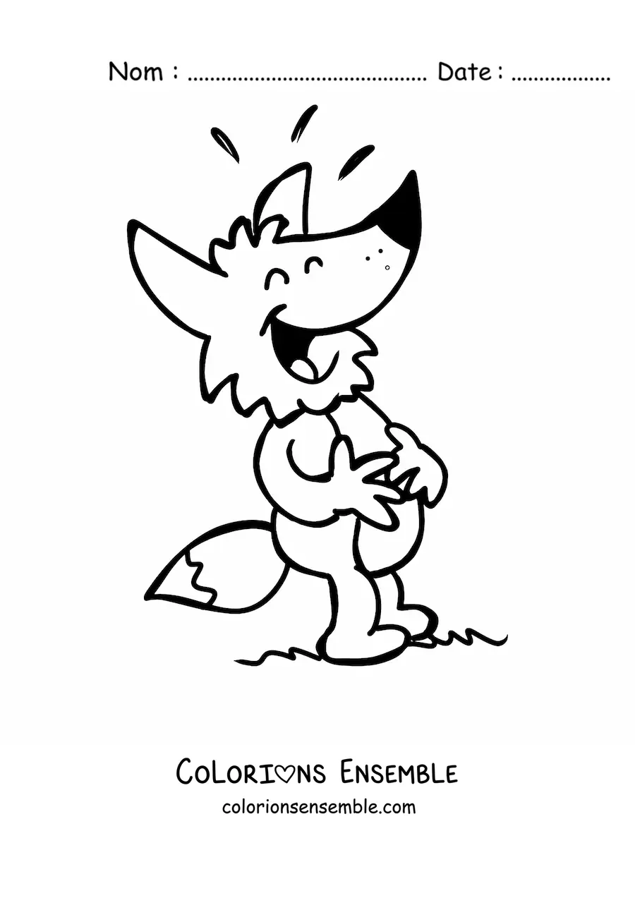 Coloriage d'un renard de dessin animé qui se tient le ventre en riant, les yeux fermés