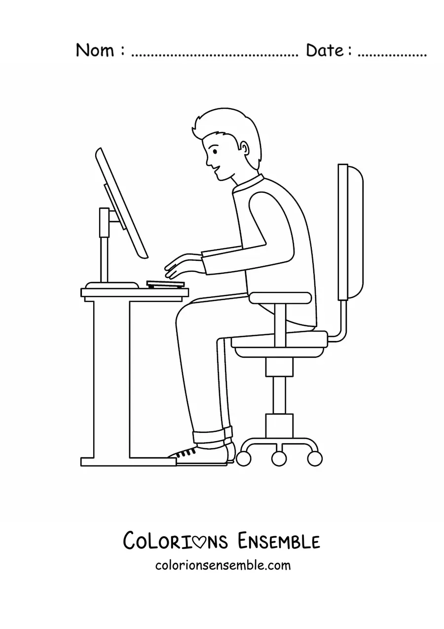 Image à colorier d'un homme assis à un bureau avec un ordinateur moderne