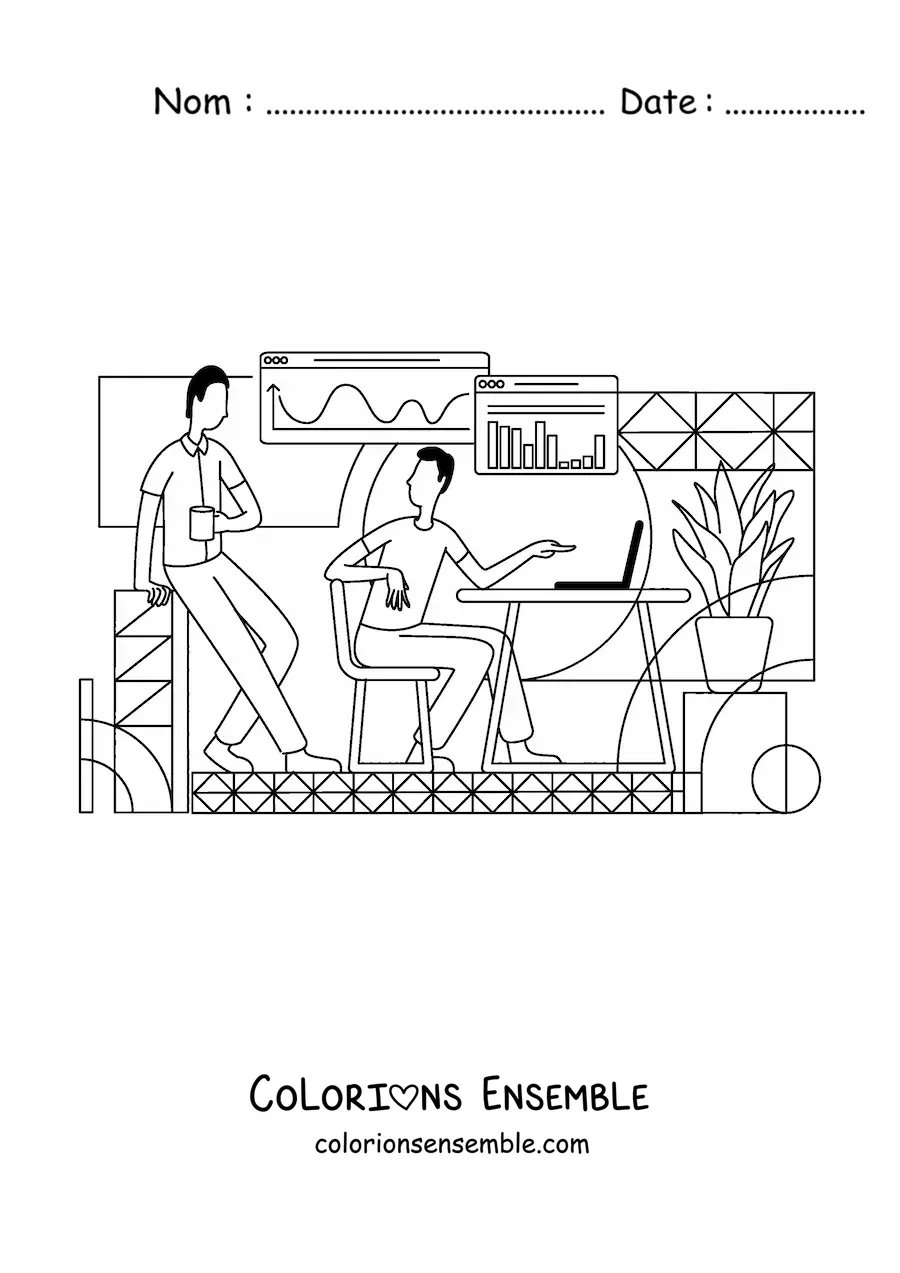 Image à colorier d'un homme dans un bureau avec un ordinateur portable