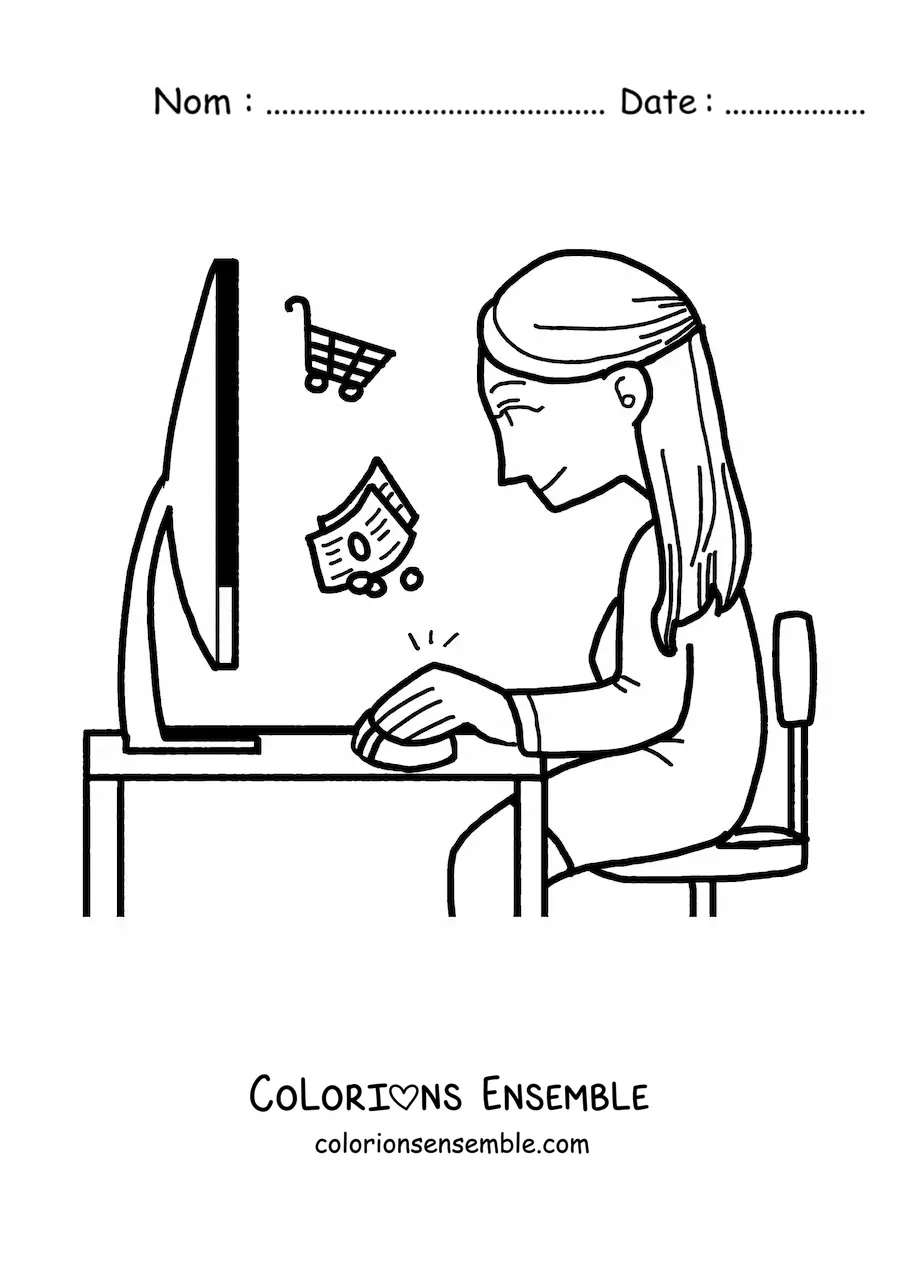 Image à colorier d'une femme faisant des achats en ligne sur l'ordinateur