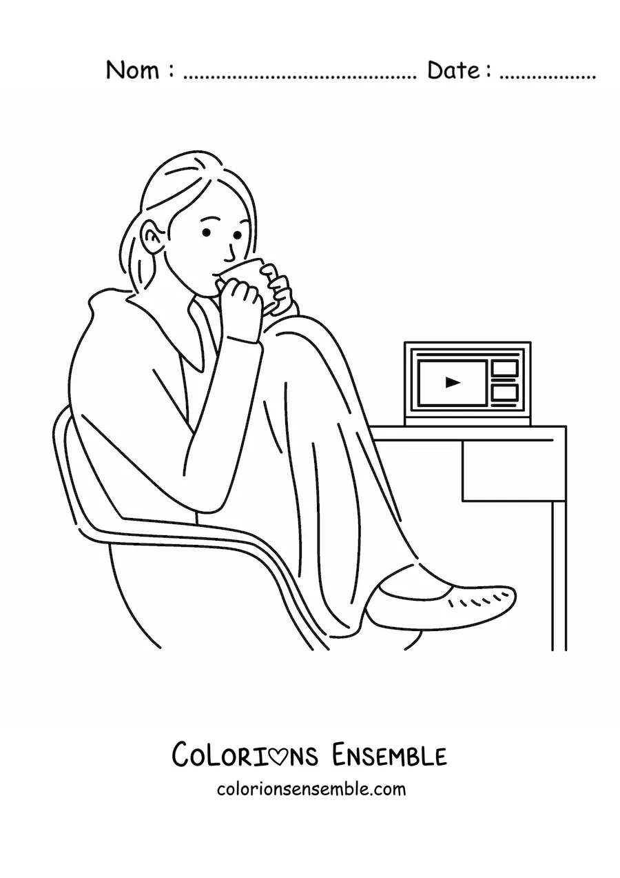 Image à colorier d'une femme assise à un bureau avec un ordinateur portable