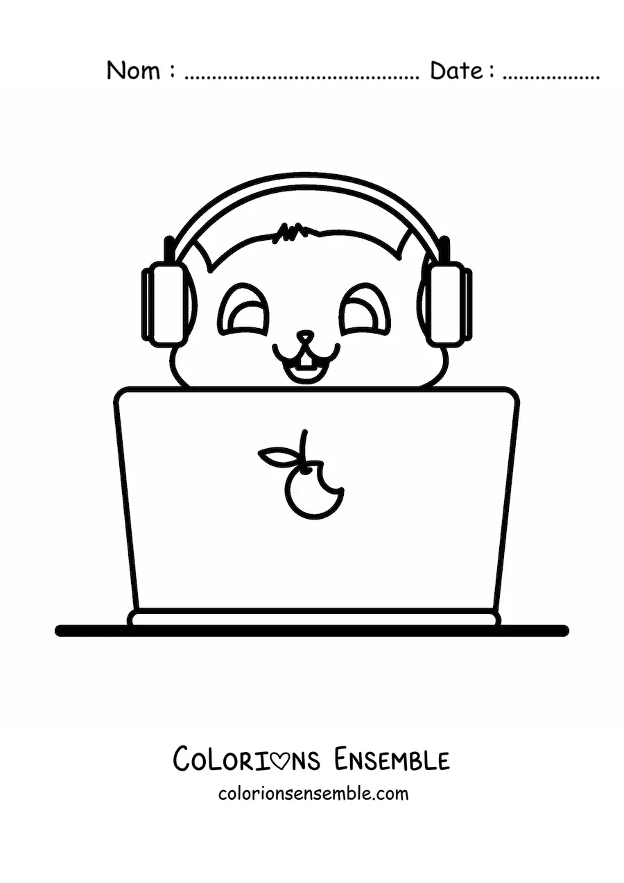 Image à colorier d'un chat kawaii avec un ordinateur portable