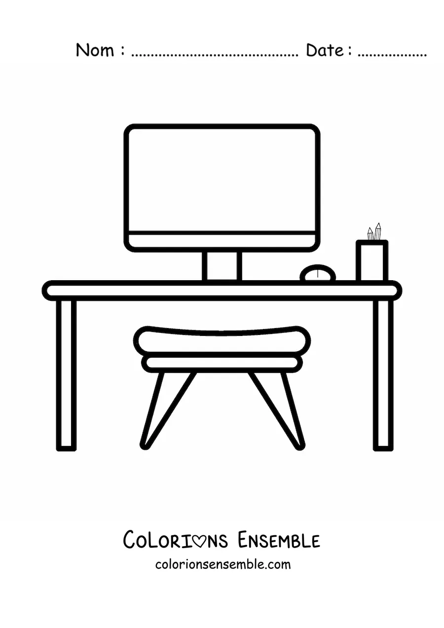 Image à colorier d'un bureau avec un ordinateur