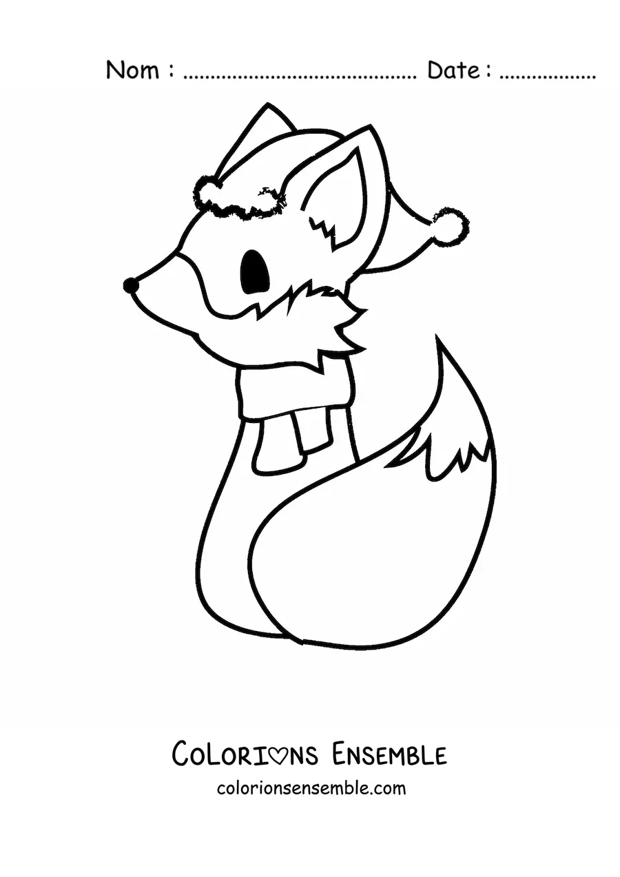 Coloriage d'un renard de dessin animé assis de dos, avec une écharpe et un bonnet de Noël