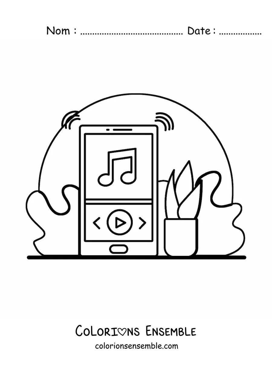 Image à colorier d'un téléphone portable qui joue de la musique