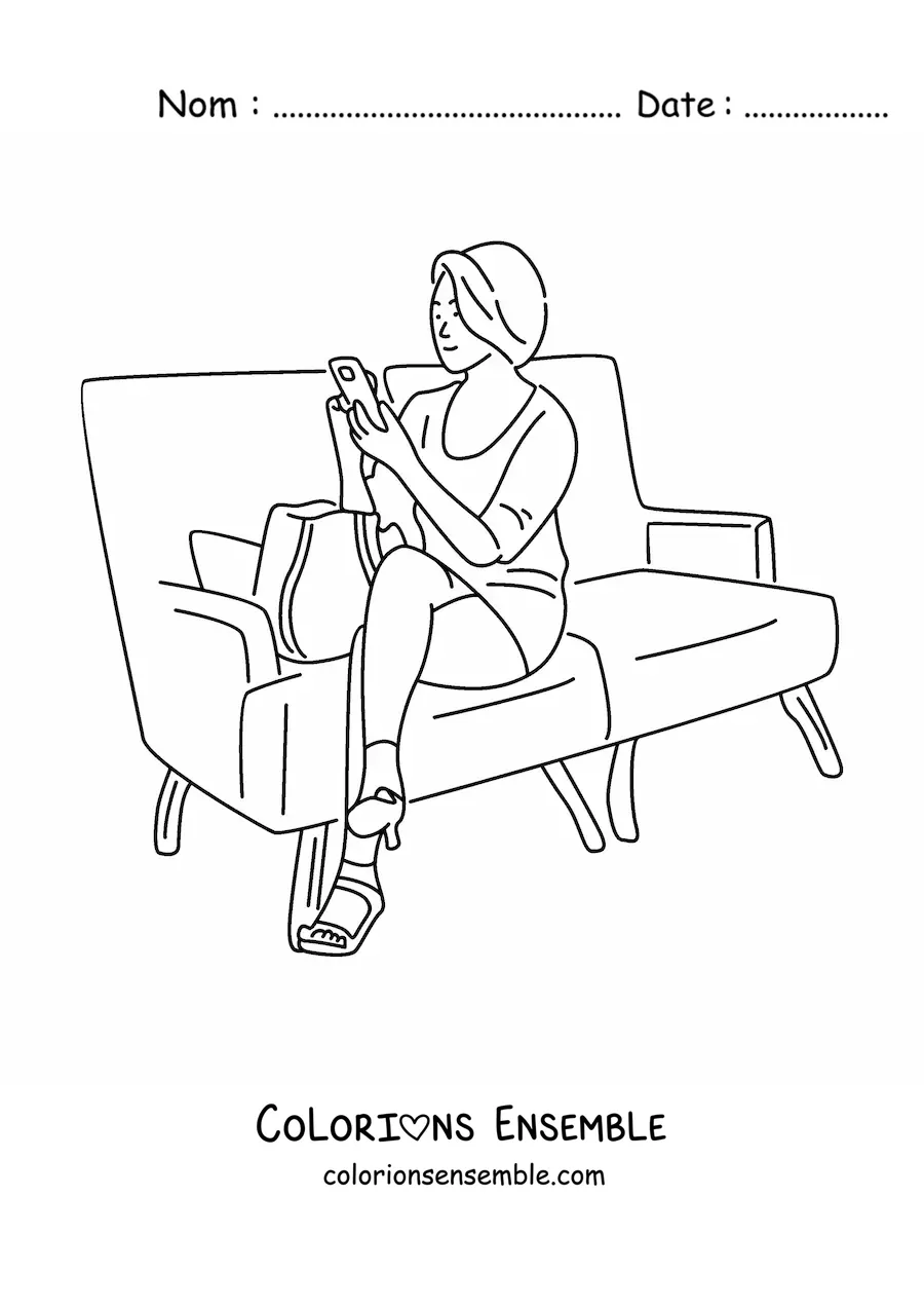 Image à colorier d'une femme assise sur le canapé qui utilise son téléphone