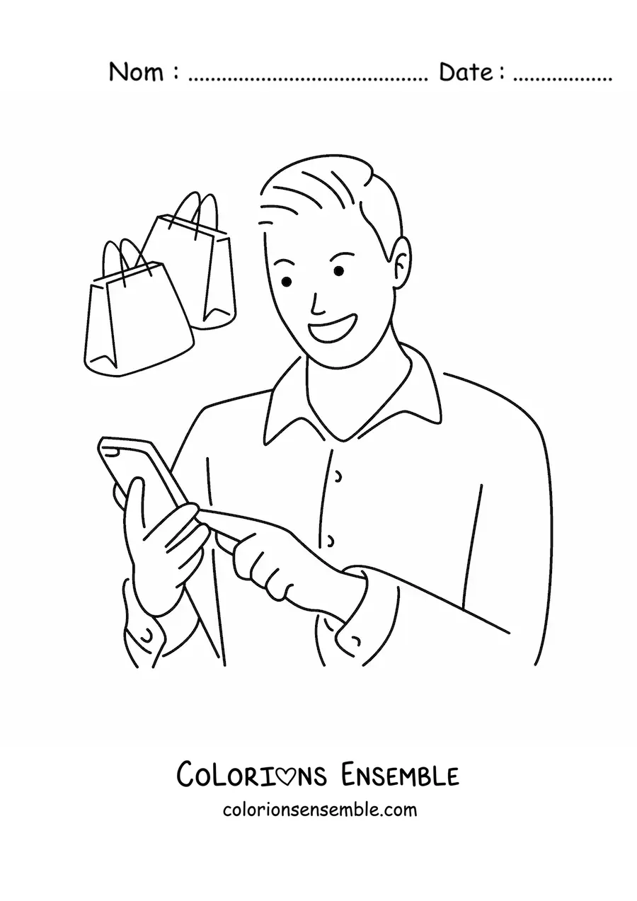 Image à colorier d'un homme faisant des achats en ligne depuis son téléphone portable