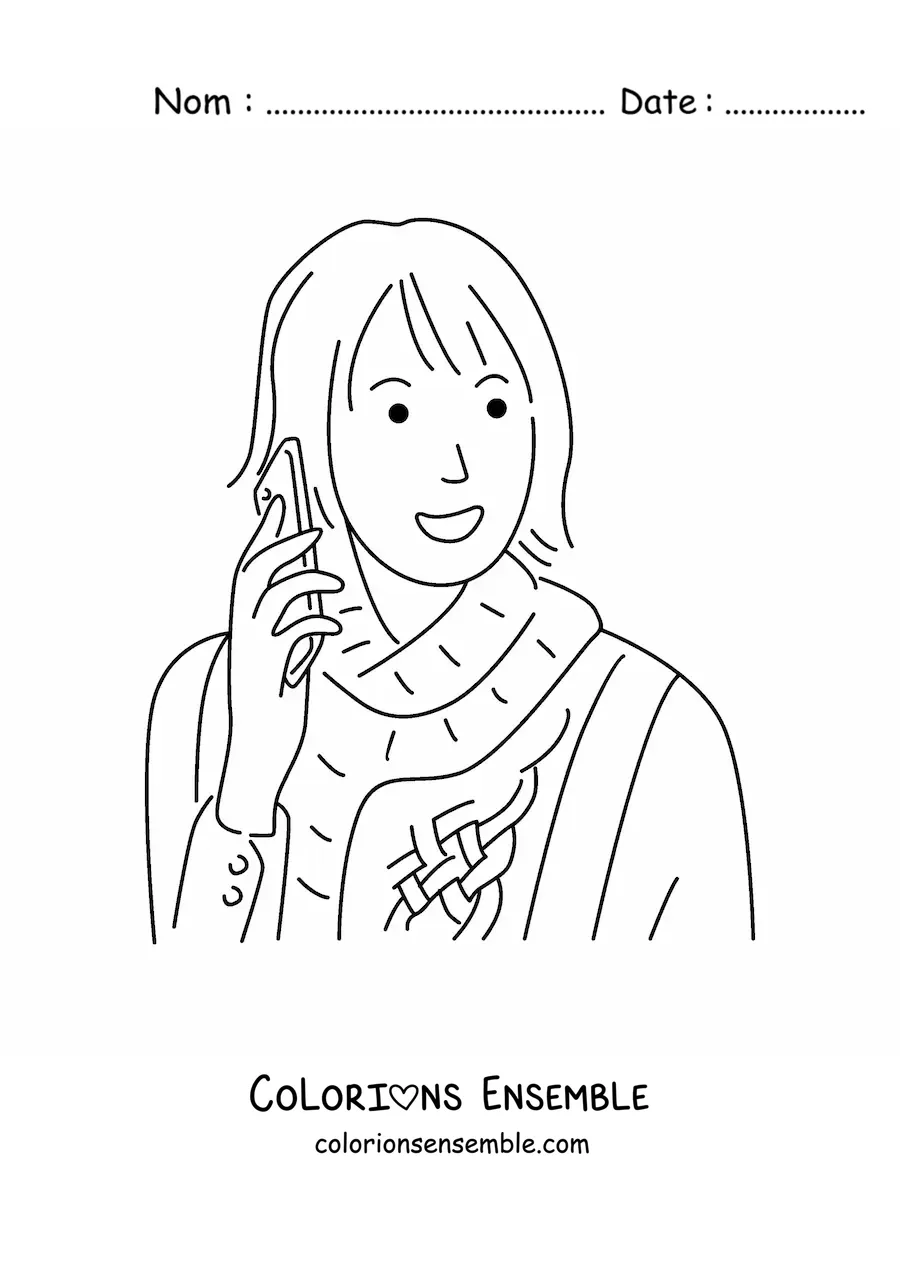 Image à colorier d'une fille qui parle au téléphone