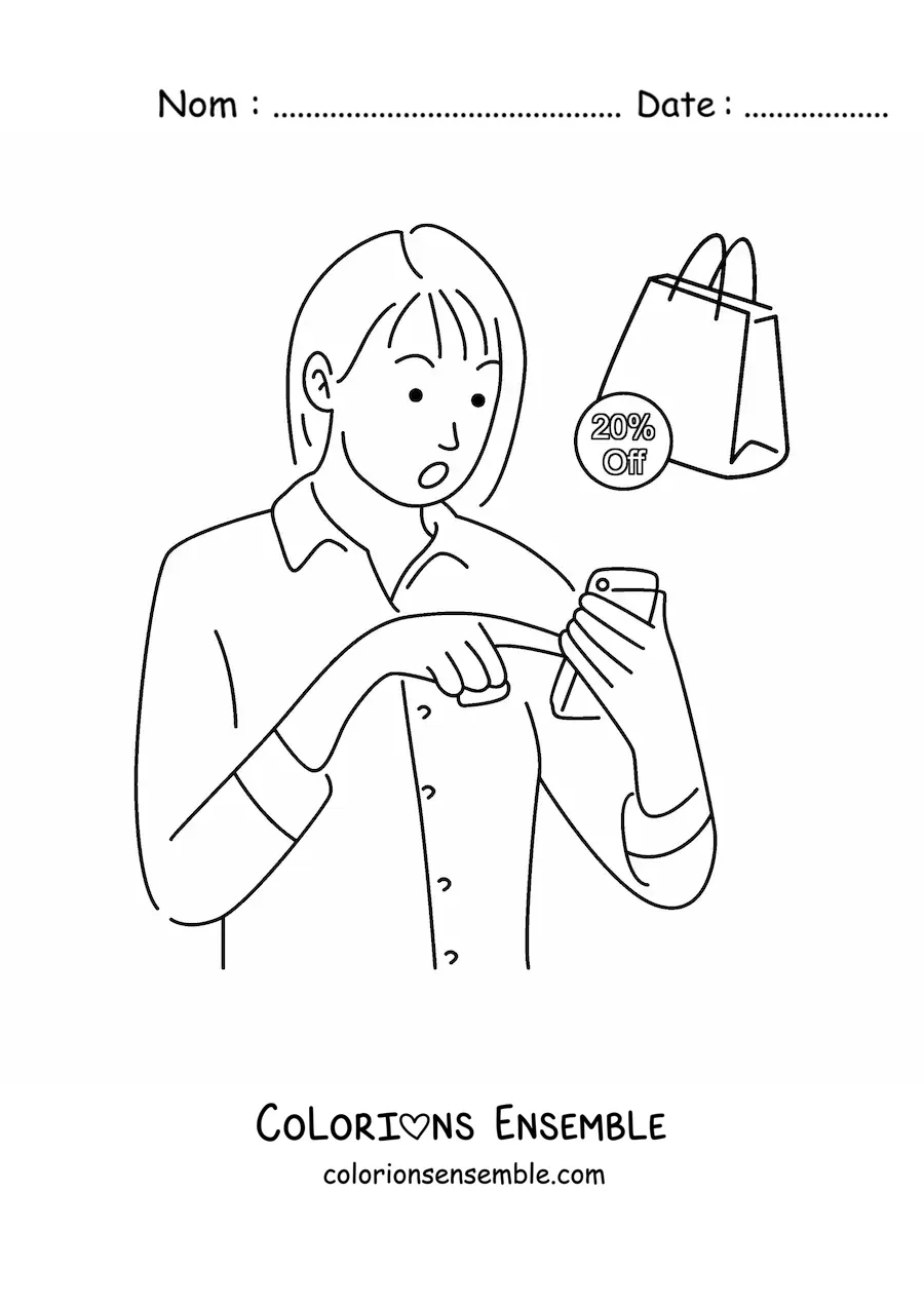 Image à colorier d'une femme faisant des achats en ligne depuis son mobile