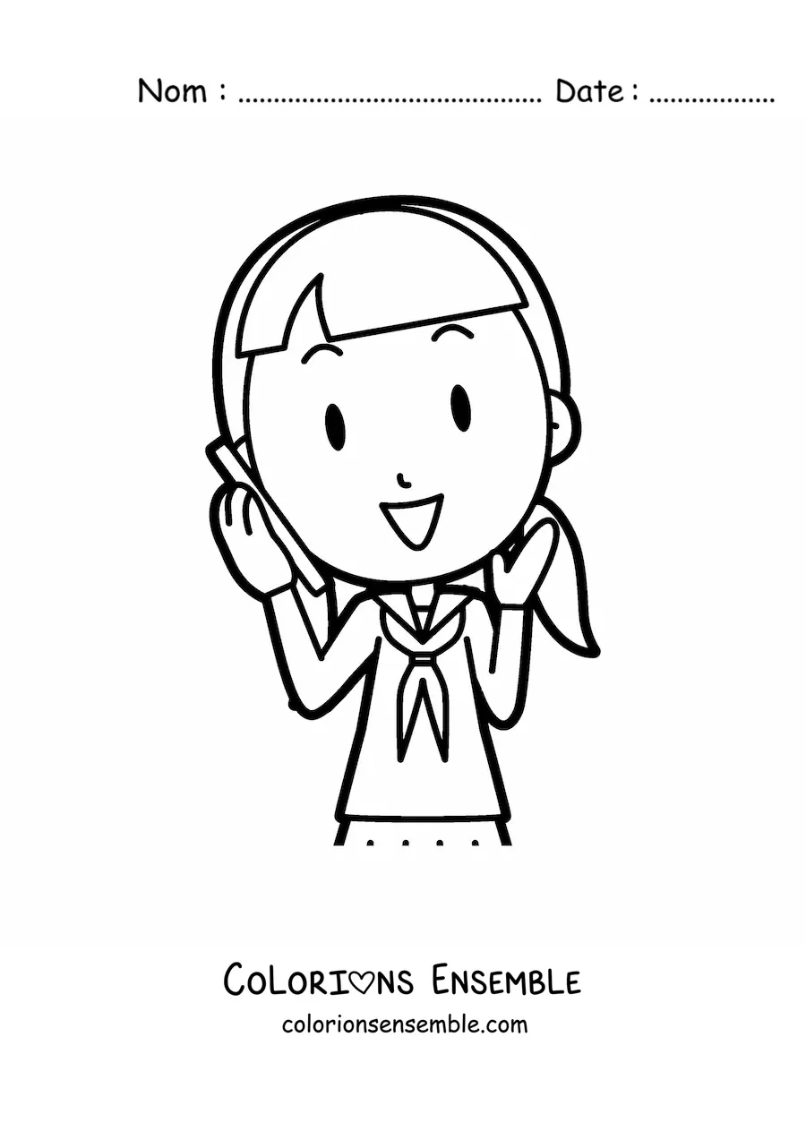Image à colorier d'une fille kawaii qui passe un appel téléphonique