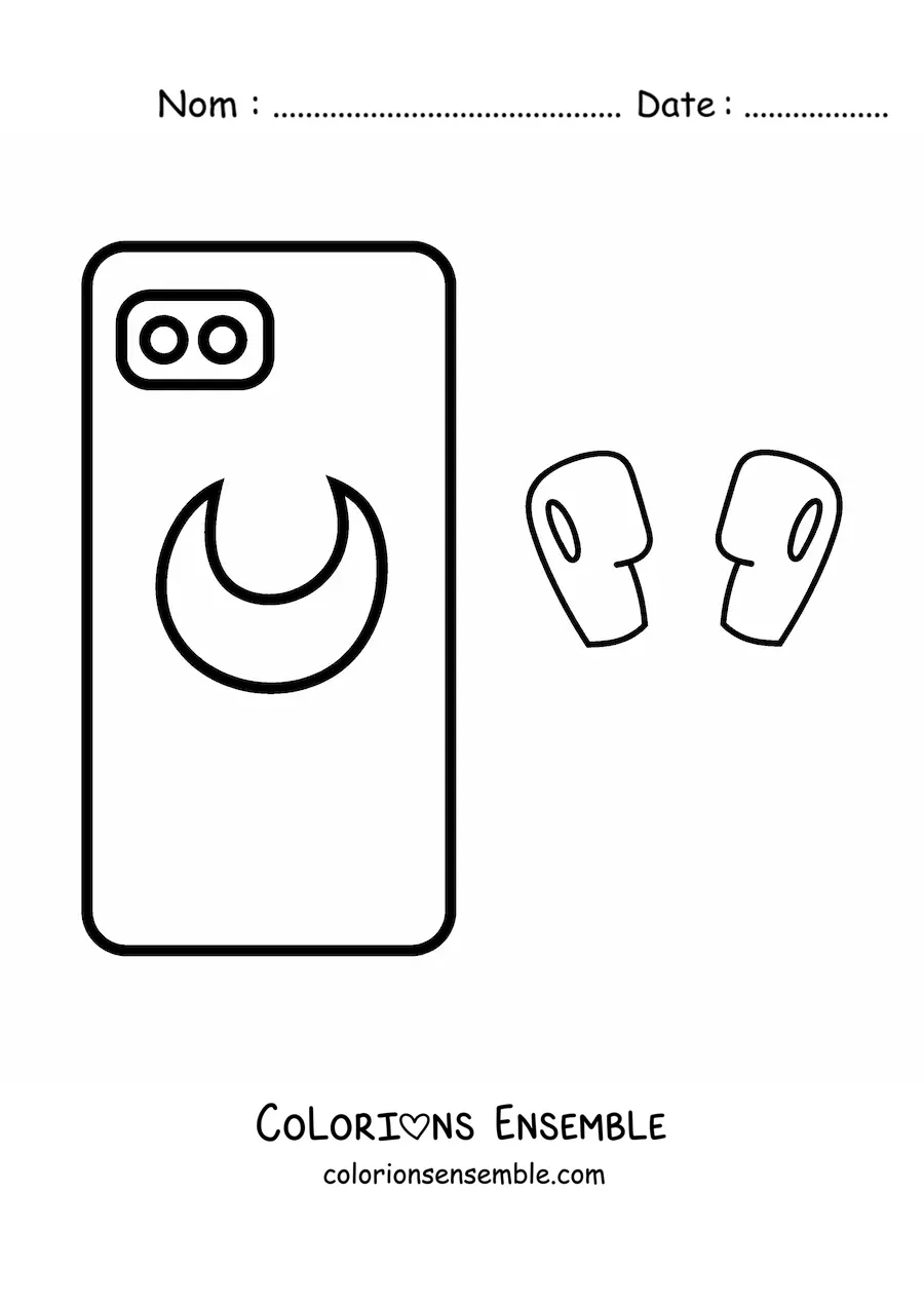 Image à colorier d'un téléphone avec un dessin de lune et des écouteurs sans fil