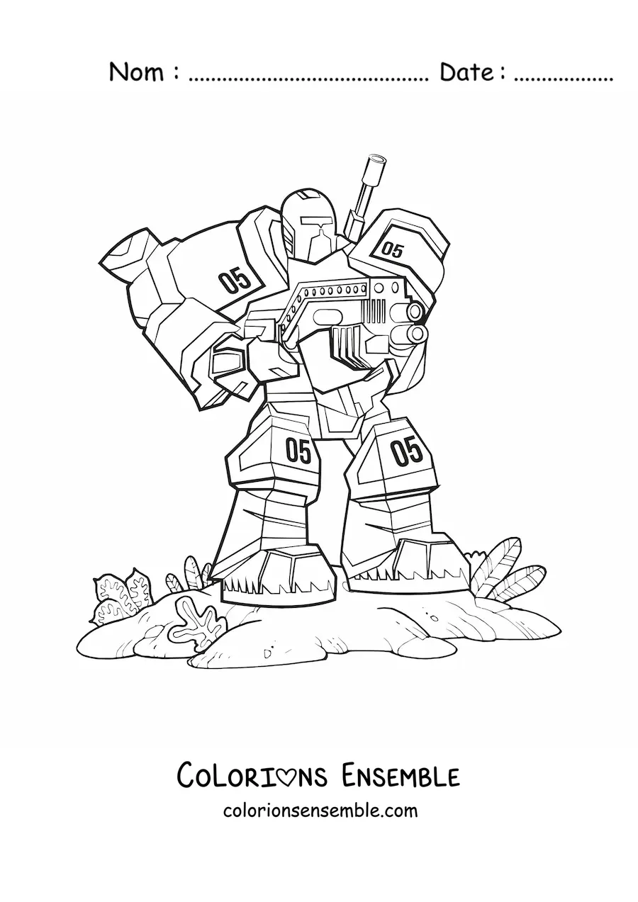 Image à colorier d'un robot de guerre tenant une arme