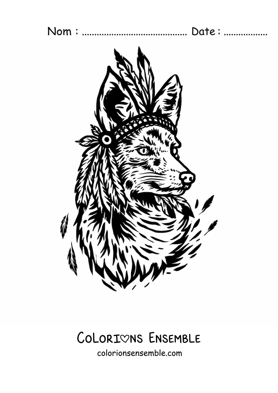Coloriage d'un renard sauvage portant une coiffe de plumes