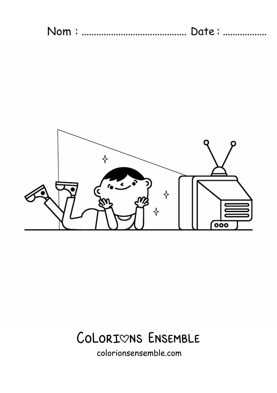 Image à colorier d'un garçon qui regarde la télévision