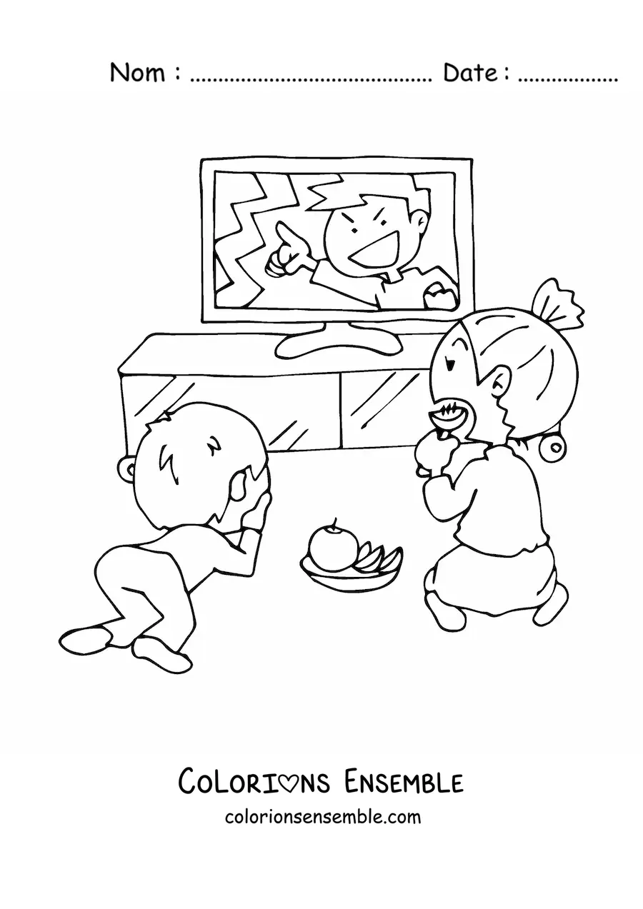 Image à colorier d'une mère et son fils qui regardent la télévision