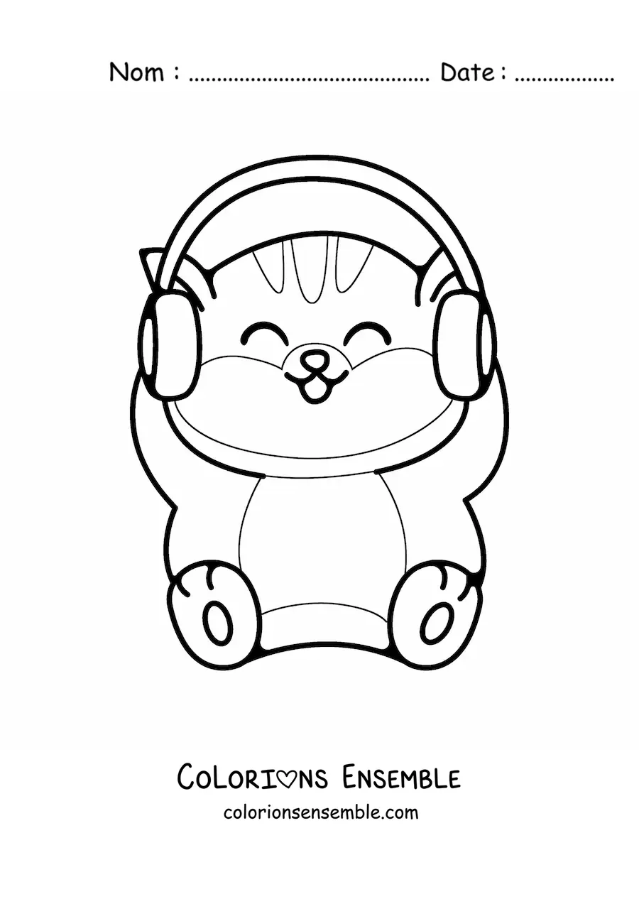 Image à colorier d'un chat kawaii tout animé avec un casque sur la tête
