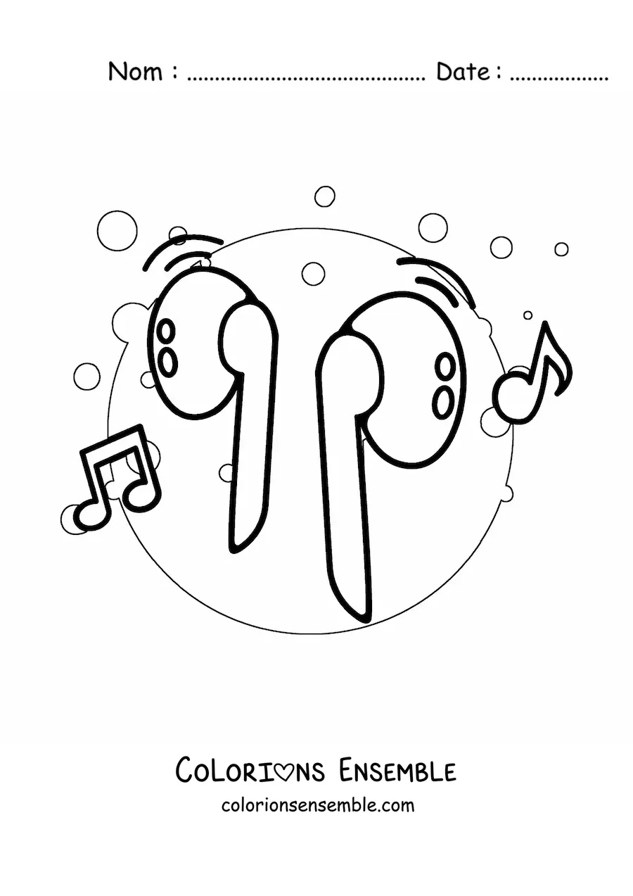 Image à colorier d'écouteurs sans fil avec des notes de musique