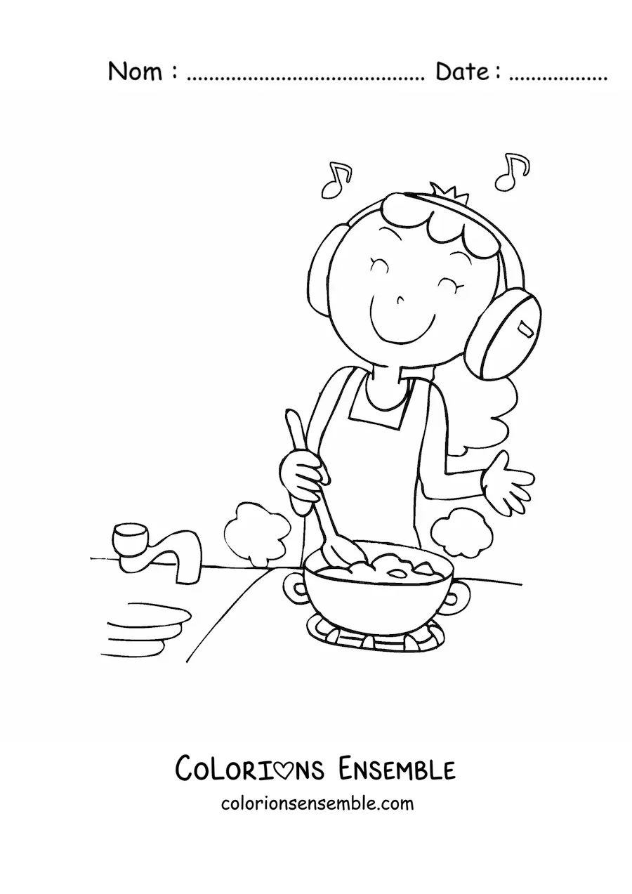 Image à colorier d'une femme qui cuisine en écoutant de la musique