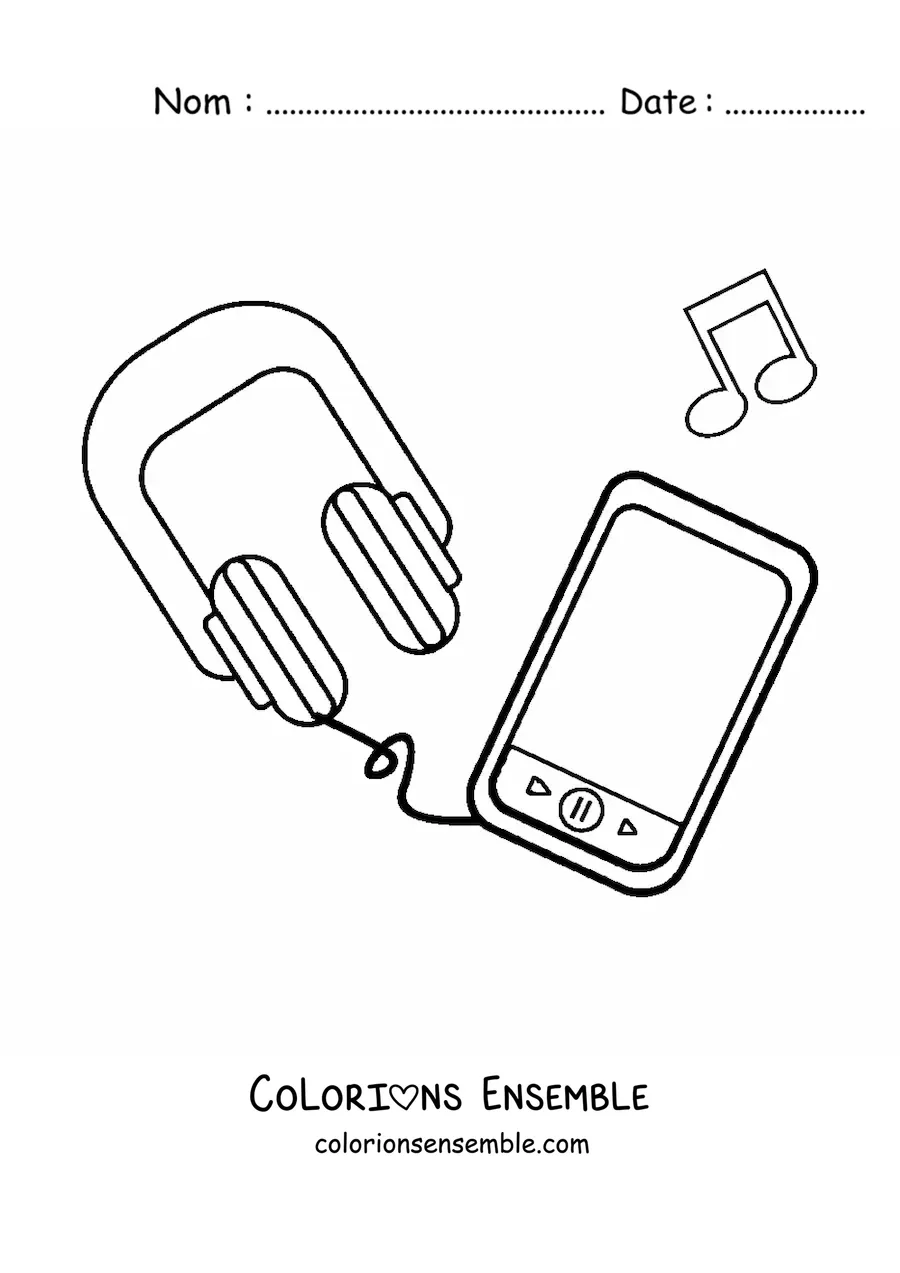Image à colorier d'un smartphone avec des écouteurs et des notes de musique