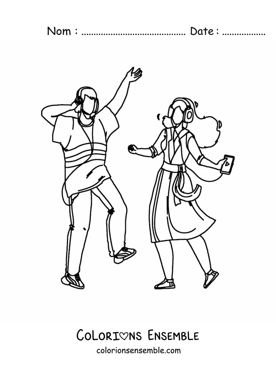 Image à colorier d'un couple qui danse avec un casque