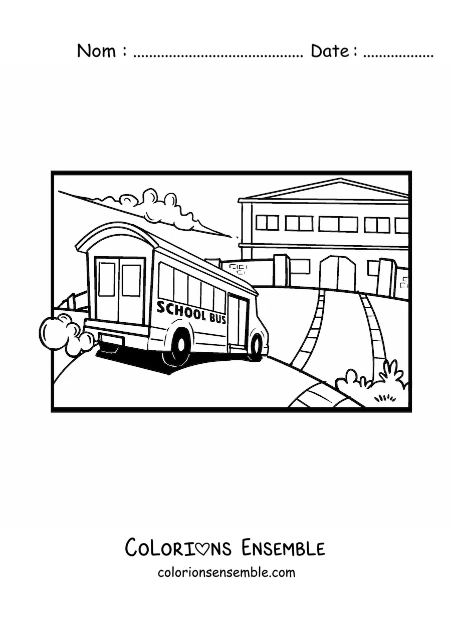 Image à colorier d'un bus scolaire qui arrive à l'école