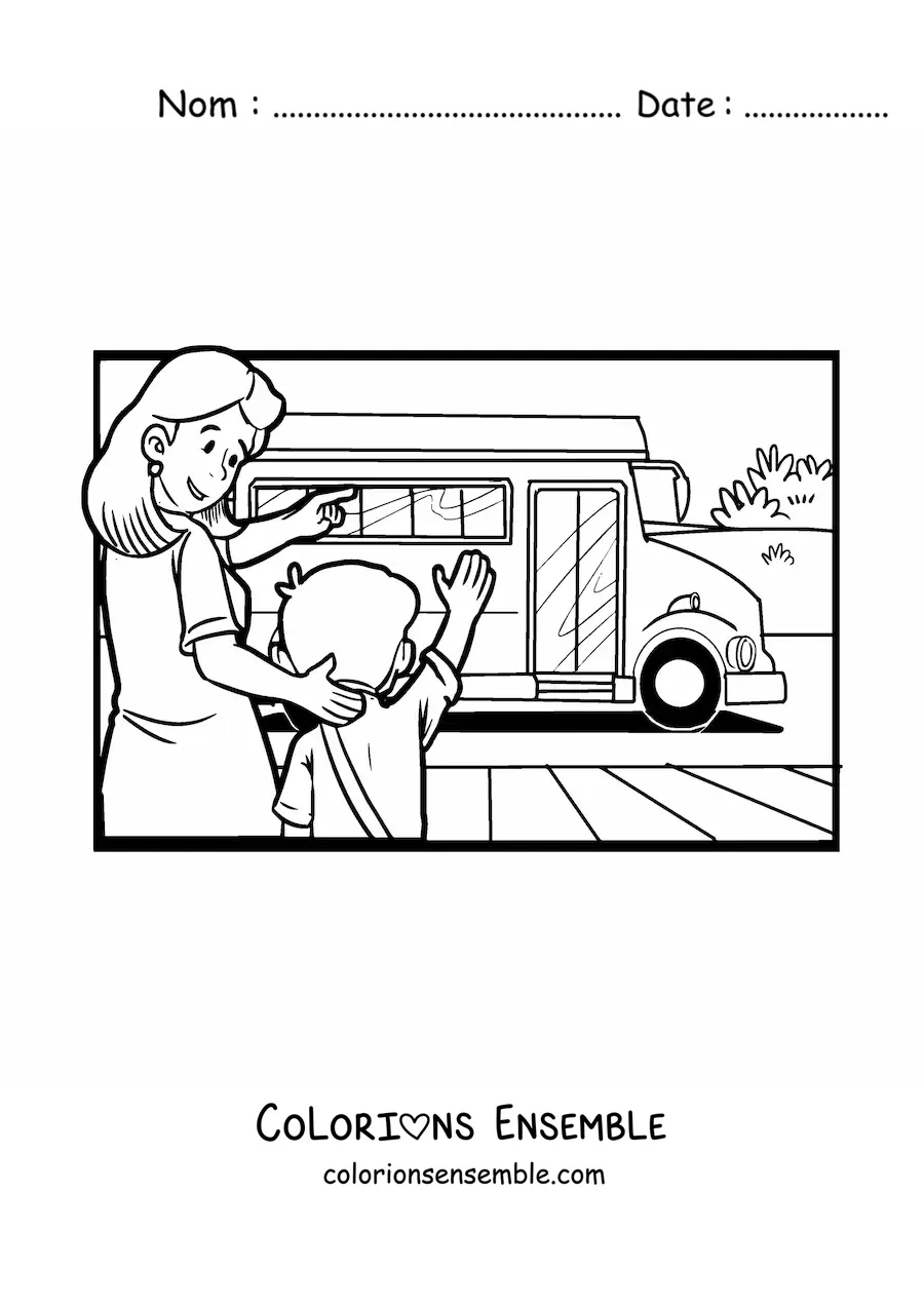 Image à colorier d'un garçon qui prend le bus scolaire