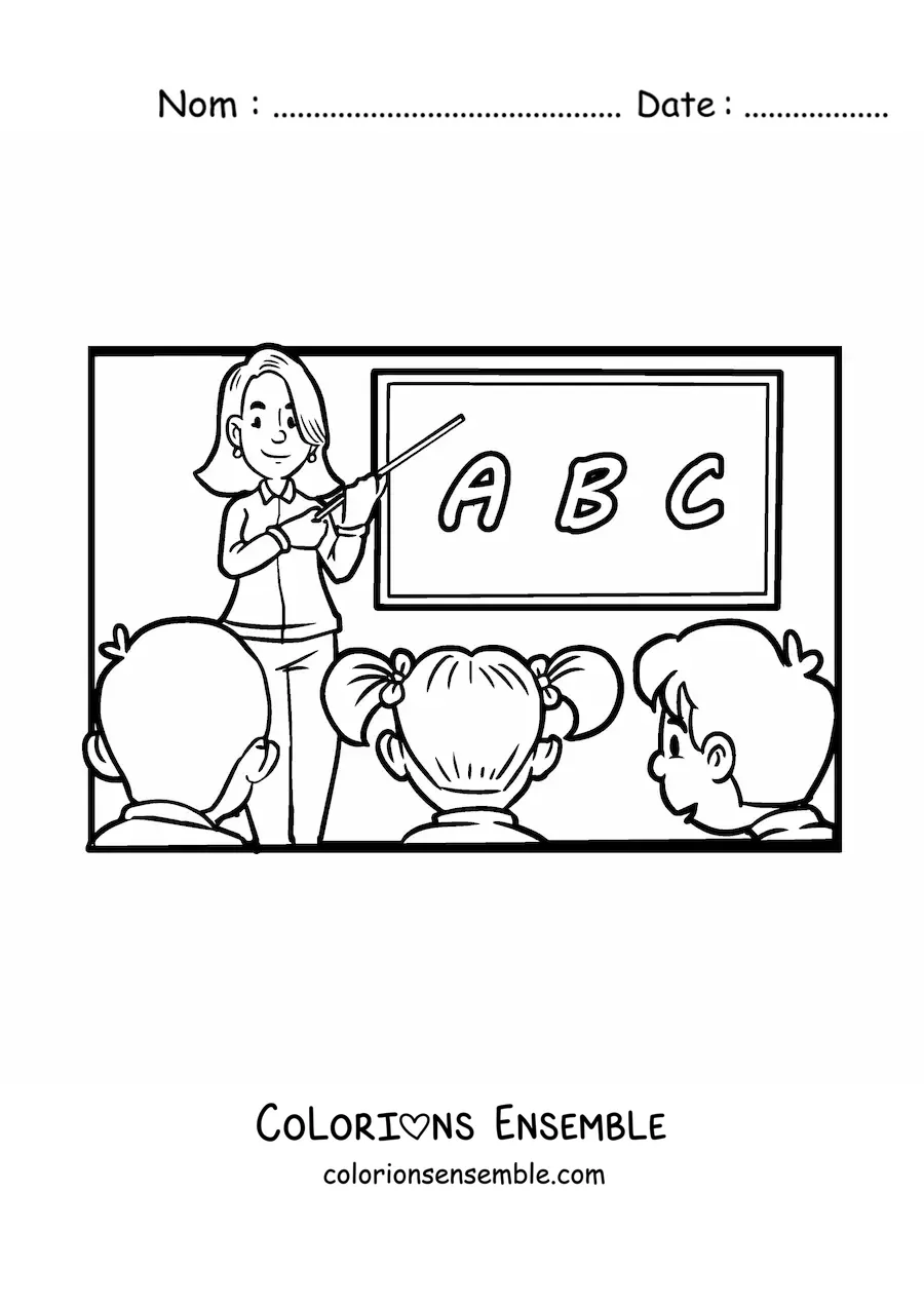Image à colorier d'une enseignante et de ses élèves de primaire dans la classe