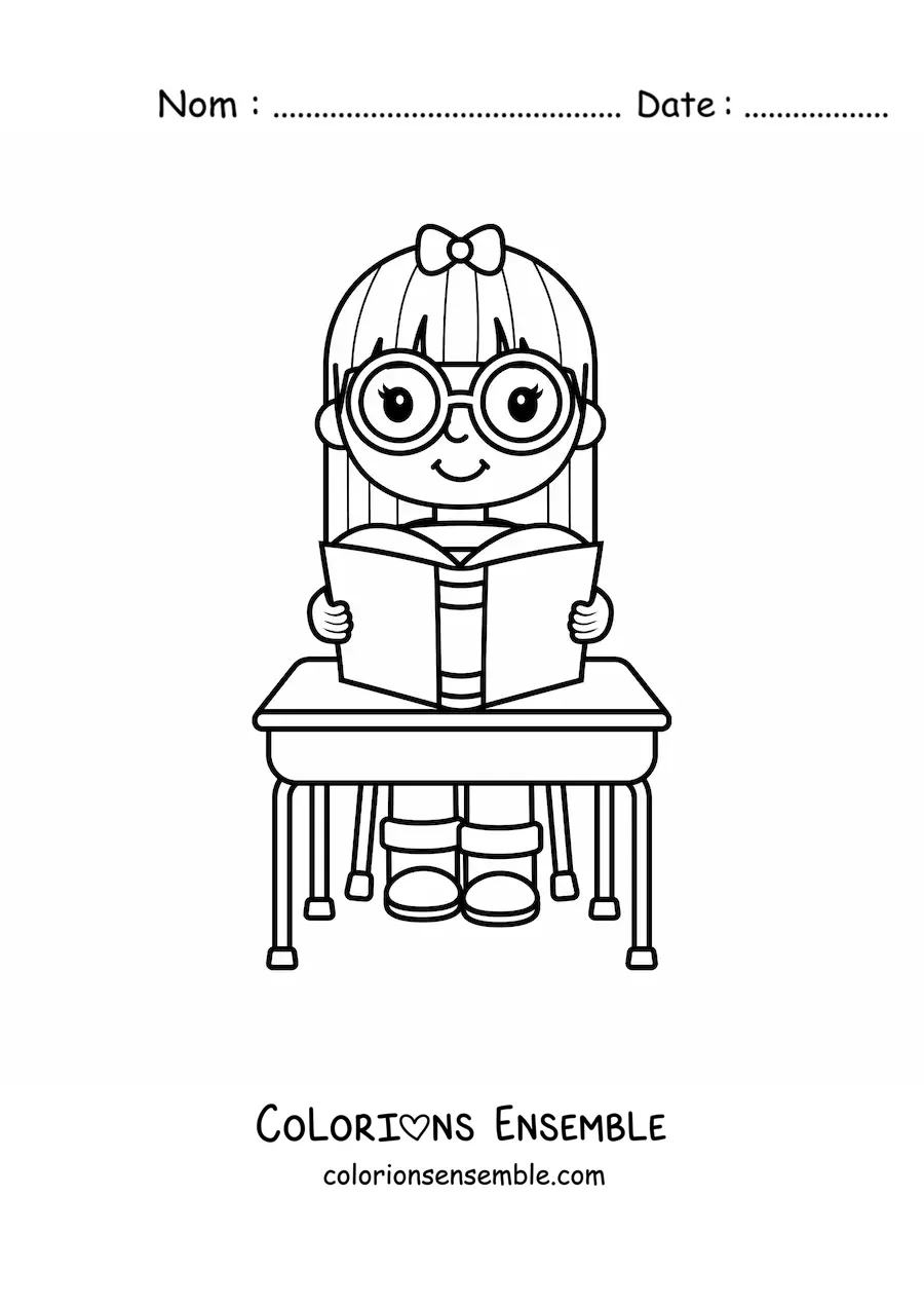 Image à colorier d'une fille kawaii qui lit un livre à son pupitre