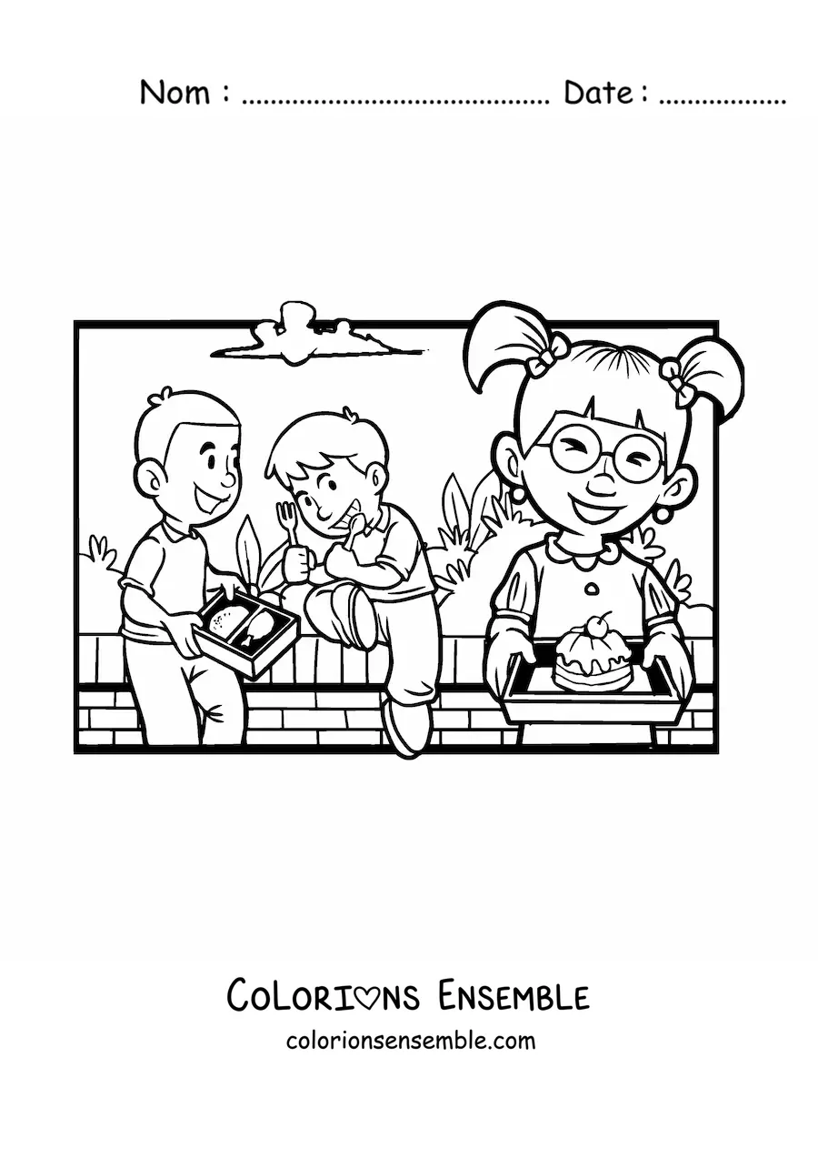 Image à colorier d'enfants qui déjeunent à la récréation