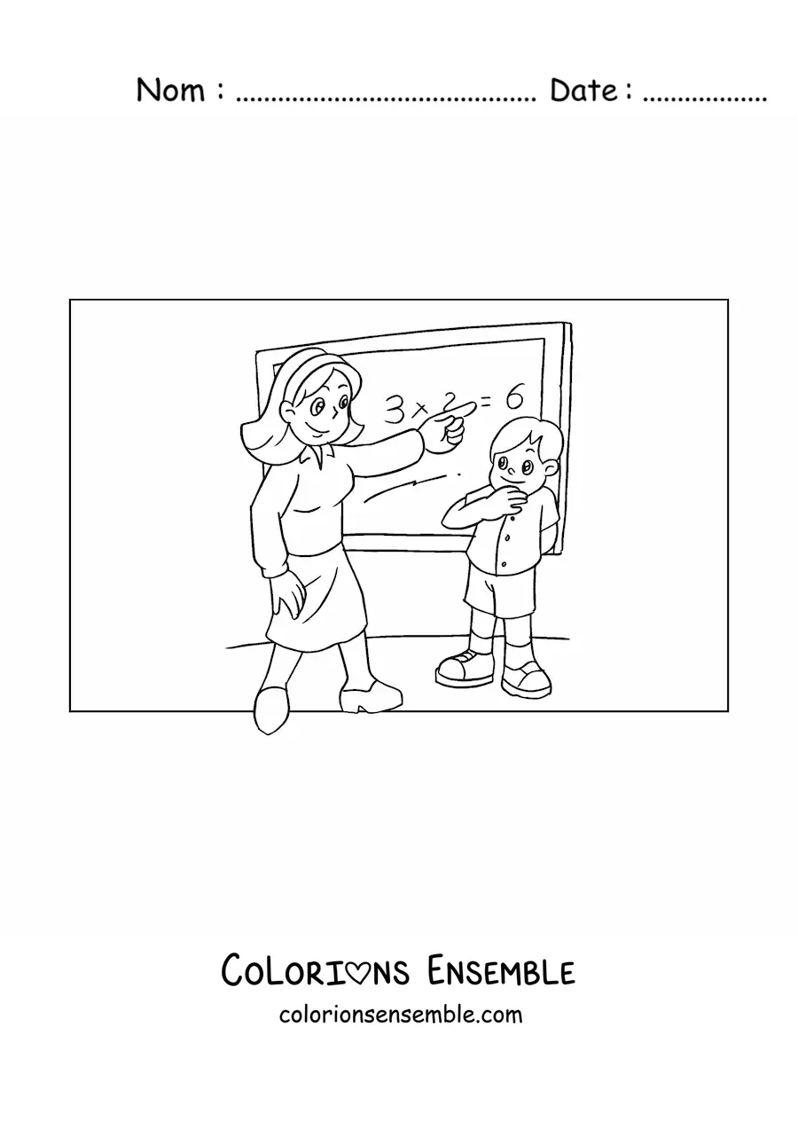 Image à colorier d'une enseignante et d'un enfant en cours de mathématiques