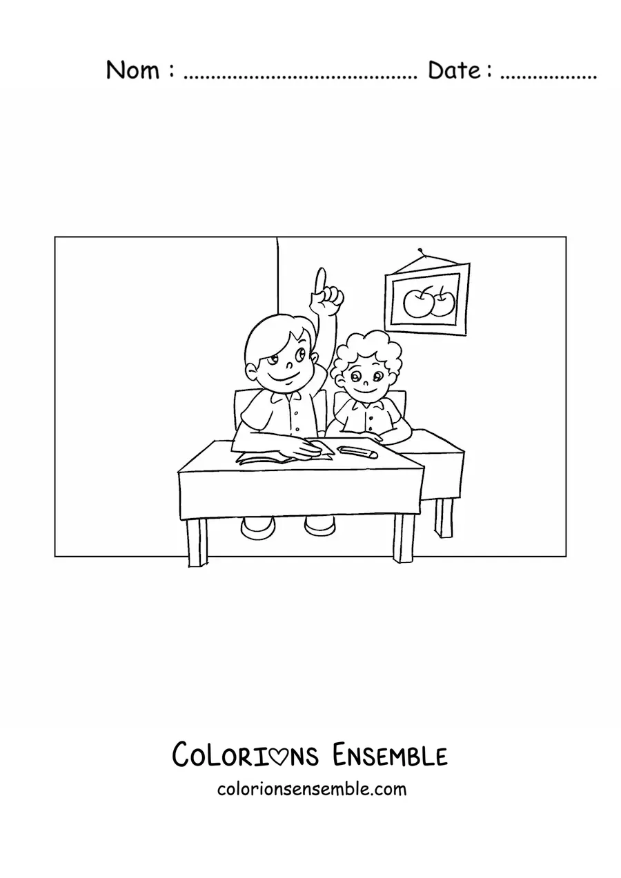 Image à colorier d'un élève qui lève la main dans la classe de primaire