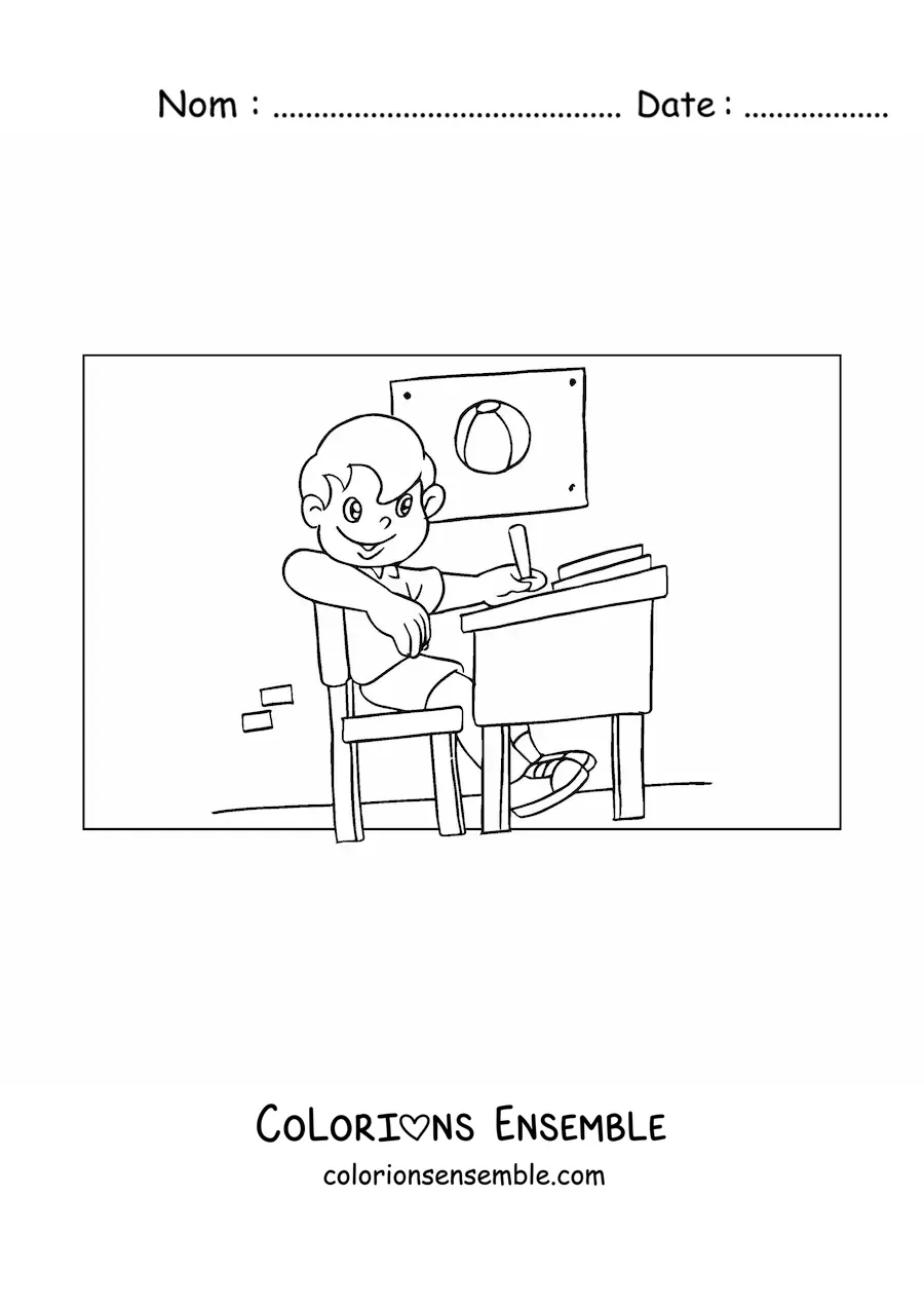 Image à colorier d'un garçon qui fait ses devoirs en classe
