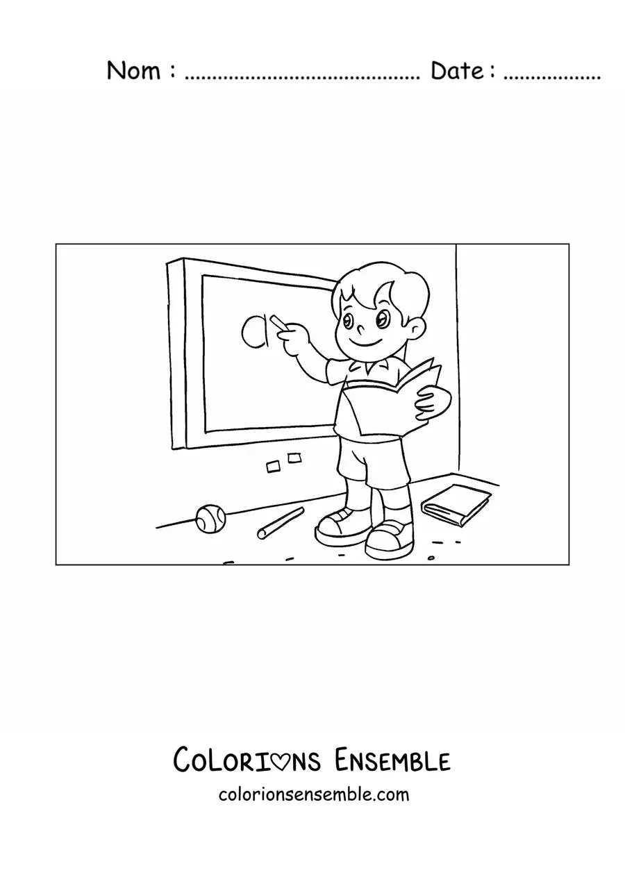 Image à colorier d'un garçon qui écrit au tableau
