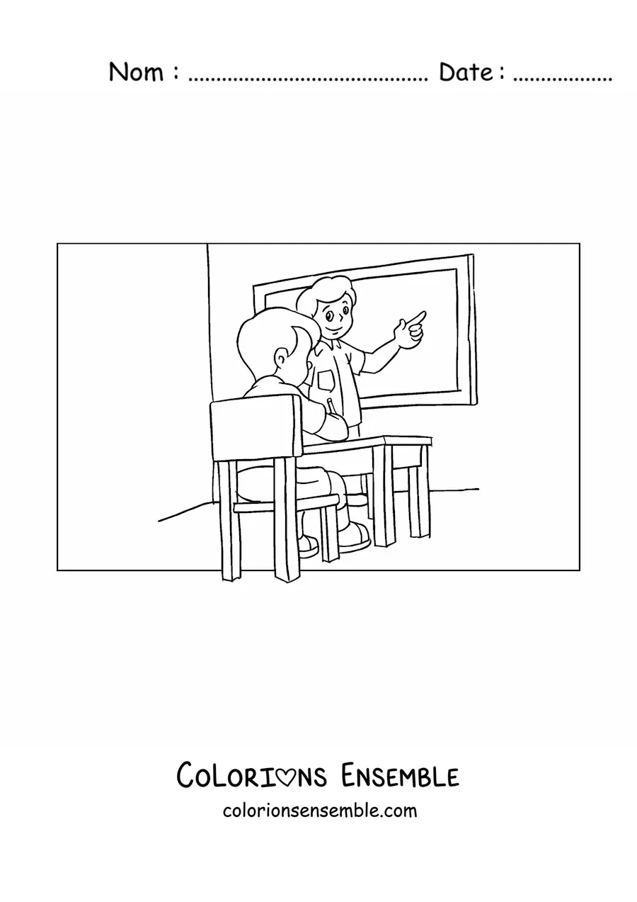 Image à colorier d'un enseignant qui fait cours à un élève dans la classe