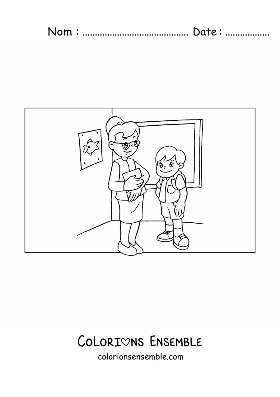 Image à colorier d'une enseignante et d'un élève dans la classe de primaire