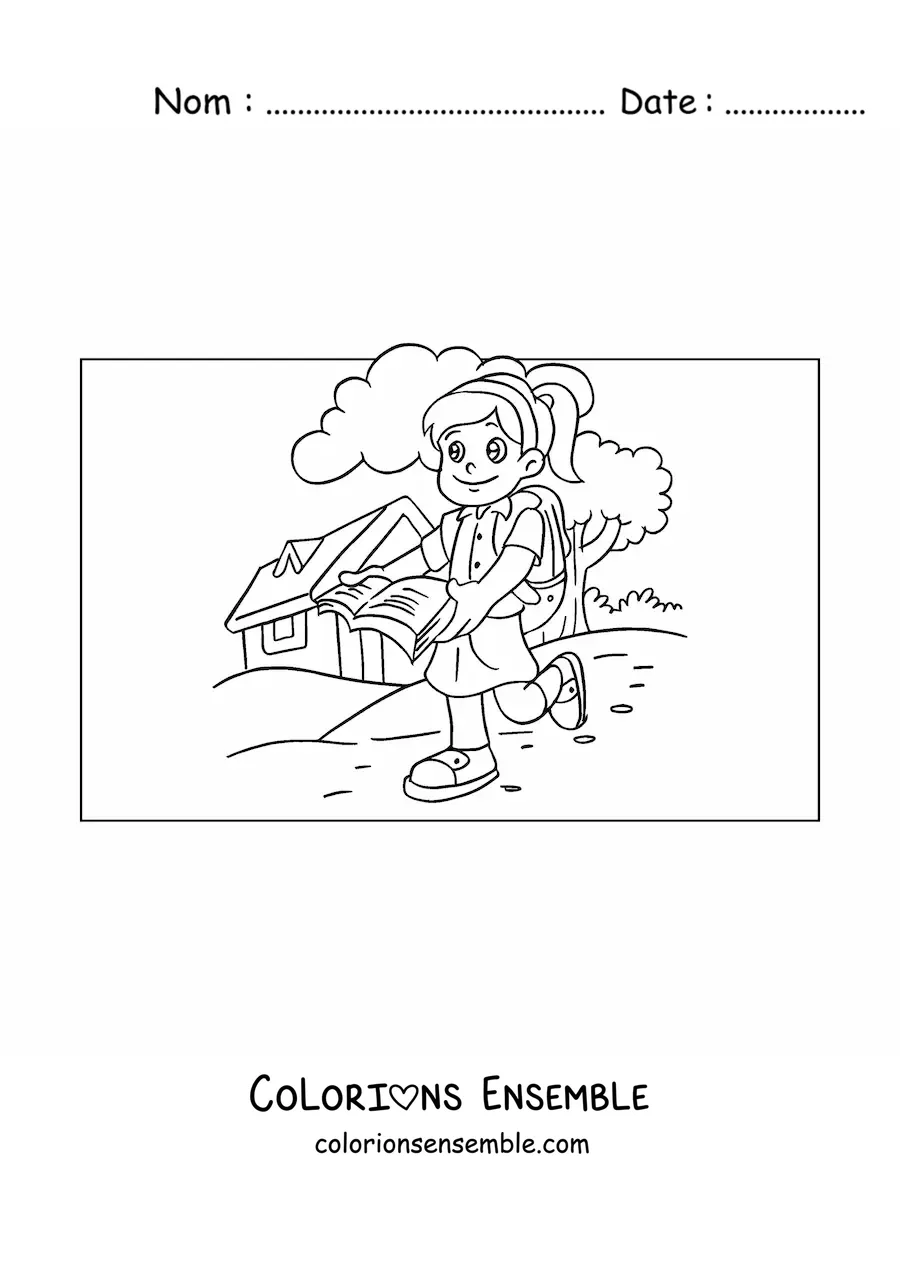 Image à colorier d'une fille avec un livre pour faire ses devoirs